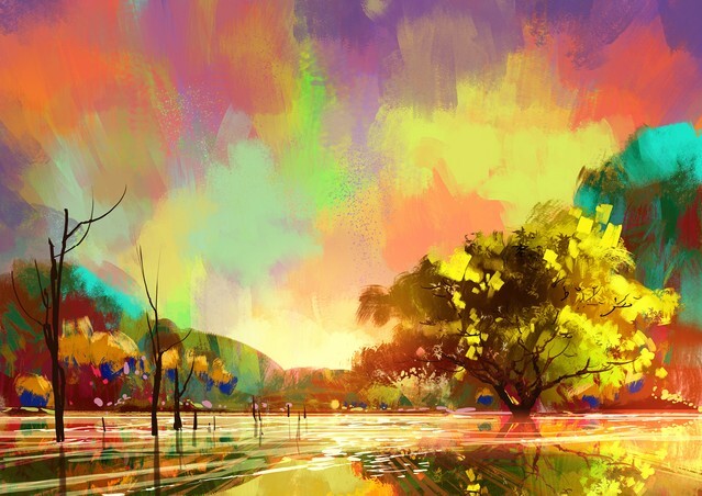 Digital painting of beautiful lake and colorful sky